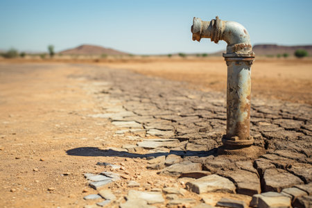 Dry Desert With Old Water Pipe, Symbolizing Water Scarcity Photorealism.の素材