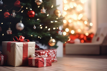Close Up Of Beautiful Christmas Tree With Presents On Floor.の素材