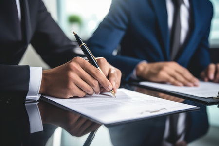 Married Couple Writing Their Will In Business Office. Concept Estate Planning, Financial Decisions, Legal Documents, Future Planning, Business Office.の素材