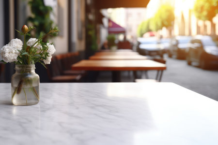 Empty White Marble Table Top On Blurred Street Cafe Background Photorealism.の素材