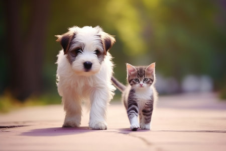 On Mauve Background White And Gray Kitten Walks With Brown Puppy.の素材