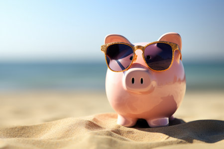 Piggy Bank Wearing Sunglasses At Beach, Saving Money For Vacation Photorealism.の素材