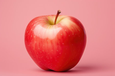 Happy Woman Biting Apple On Pink Background, Portraying Health And Weight Loss.の素材