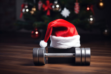 Father Christmas Hat On Gym Dumbbell For New Year Resolution.の素材