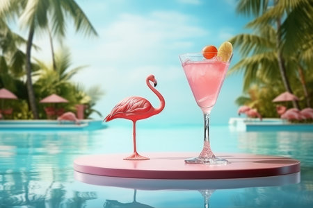 Glass Podium On Water Surface For Product Showcase Flamingo Lounging By Pool With Fruit Cocktail, Tropical Paradise.の素材