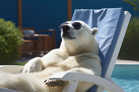 Polar Bear Relaxing On Beach Chair, Wearing Sunglasses.の素材