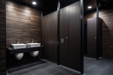 Modern Public Bathroom With Dark Wooden Walls And Tiled Floor High Quality Photo.の素材