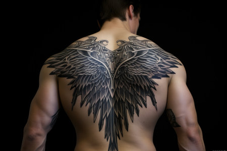 Man With Fullback Tattoo Of Angel Wings. Ð¡oncept Fullback Tattoo, Angel Wings, Body Art, Men's Fashion, Unique Tattoos.の素材