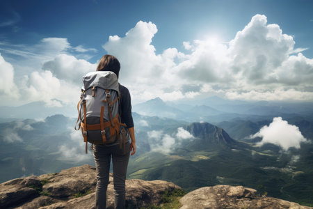 Hiker Against Sky, Hiking Concept With Technology.の素材