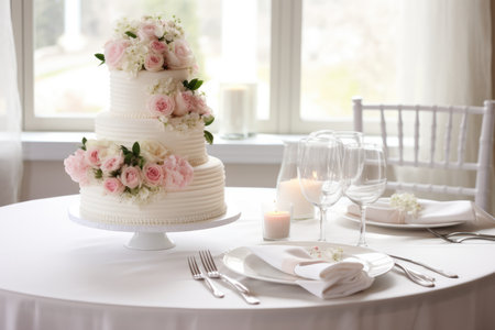 Wedding Table Setting With Bride, Groom, And Cake.の素材