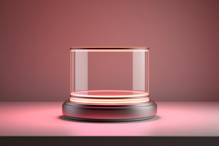 Neon Light With Gray Podium Cylinder On Beige Background.の素材