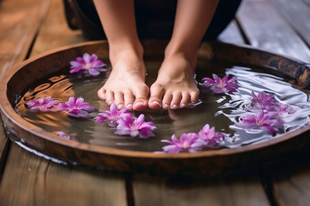 Womens Feet In Spa Treatment Feet In Beautiful Bowl Of Water And Purple Flowers Wooden Floor. Concept Spa Treatments, Beautiful Foot Baths, Purple Flower Decor, Wooden Floor Settings.の素材