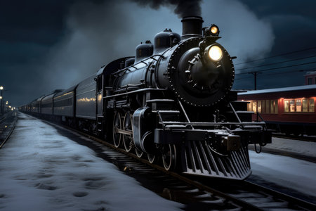 Polar Express Train. Concept Camping Adventure, Nature Hikes, Bonfire Nights, Wildlife Spotting, Starry Skies.の素材