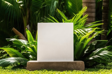 Empty White Stone Podium On Green Grass With Tropical Plants Background.の素材
