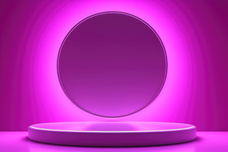 Purple Podium Neon Lights And Minimal Wall Screen Pink Background. Concept Futuristic Technology, Vibrant Neon Lights, Minimalist Design, Bold Color Palette, Reflective Surfaces.の素材