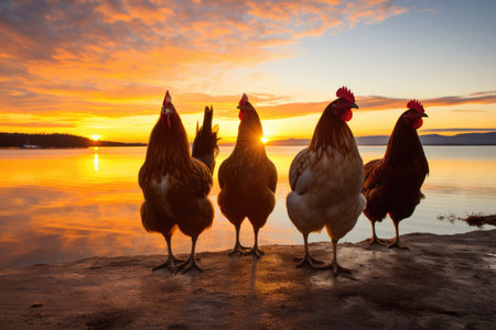Group Of Roosters And Hens Silhouetted Againstsunset. Concept Silhouette Photography, Farm Animals, Sunset Moments.の素材