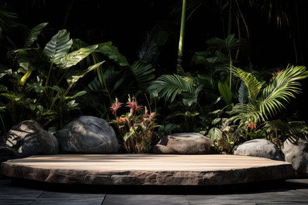 Stone Platform With Tropical Garden Backdrop For Display. Concept Stone Platform, Tropical Garden Backdrop, Display, Natural Setting.の素材