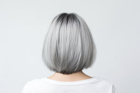 Short Gray Straight Hair Rear View On White Background.の素材