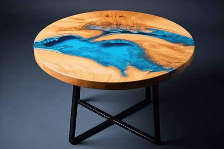 Wooden Round Table With Blue Epoxy Resin On White Background.の素材