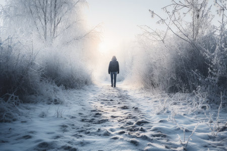 Woman Standing In Misty Nature With Fresh Footprints In Snow.の素材