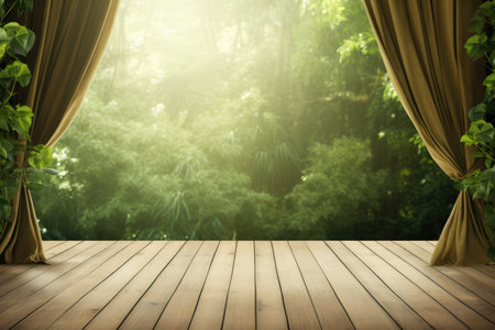 Wooden Floor And Curtain In Green Forest Blur Background.の素材