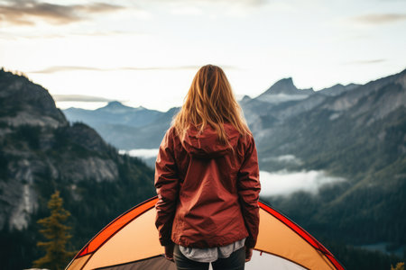 Woman Observing Mountain From Tent Art.の素材