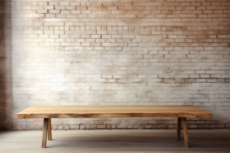 Wooden Table In An Empty Modern Interior. Ð¡oncept Minimalistic Design, Contemporary Decor, Natural Materials, Open Space, Organic Aesthetics.の素材