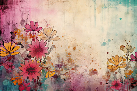 Colorful And Textured Grungestyle Art With Flowers And Plants.の素材
