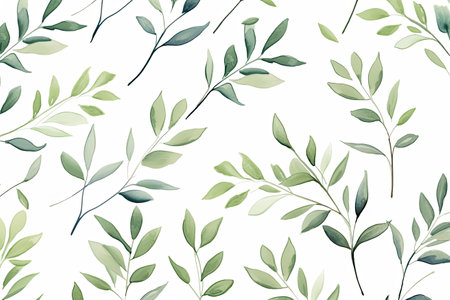 Green Leafy Watercolor Pattern On White Background.の素材