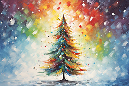 Colorful Christmas Tree Abstract Art With Snow Copy Space Available.の素材