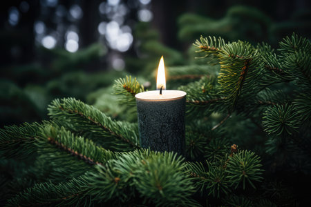 Close Up Of Candle In Spruce Tree.の素材