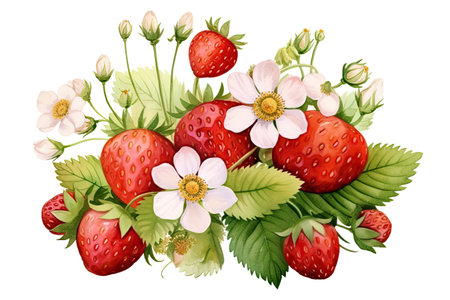 Vibrant Watercolor Illustration Showcasing A Plump Strawberry With Lush Foliage And Blooming Flowers.の素材