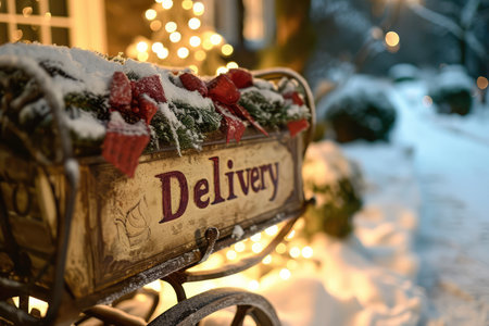 Text Delivery On The Side Of Sleigh Filled With Presents.の素材