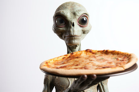 Alien With Pizza In His Hands On White Background.の素材