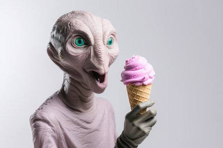 Alien With Ice Cream In His Hands On White Background.の素材