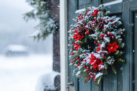 Beautiful Christmas Wreath On Snowy Entrance Door Selective Focus.の素材