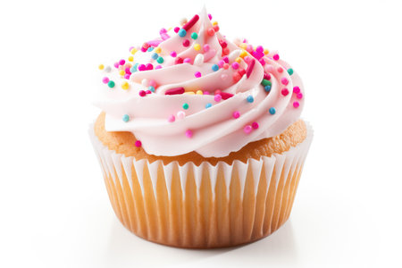 Cupcake With Icing And Sprinkles Tasty Dessert, Isolated On White Photorealism.の素材