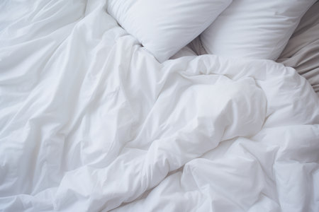 White Duvet On Bed, Preparing For Winter Season Photorealism. Ð¡oncept Snowy Landscapes, Cozy Home Decor, Winter Fashion, Warm Comfort Foods.の素材