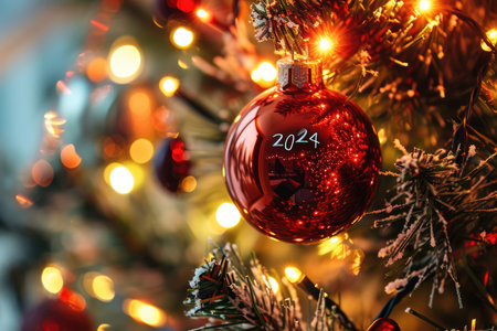 The Written Message 2024 On The Festive Red Balloon Adorned On The Christmas Tree.の素材