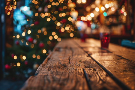 Festive Wood Table With Christmas Tree And Decorations In A Blurred Bar Or Restaurant Background, Captured With Selective Focus.の素材