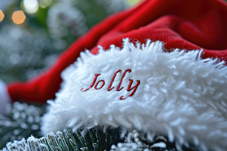 Text Jolly Stitched In Sparkly Thread On Santa Hat.の素材