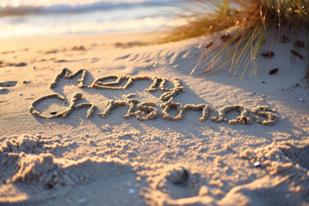 The Text Of Merry Christmas Written In The Sand.の素材