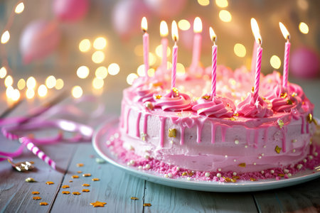 Pink Birthday Cake With Candles And Festive Decorations Selective Focus.の素材