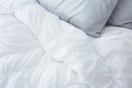 White Duvet On Bed, Preparing For Winter Season. Ð¡oncept Cozy Bedroom, Winter Bedding, Duvet Inspiration, Seasonal Decorations, Getting Ready For Cold.の素材