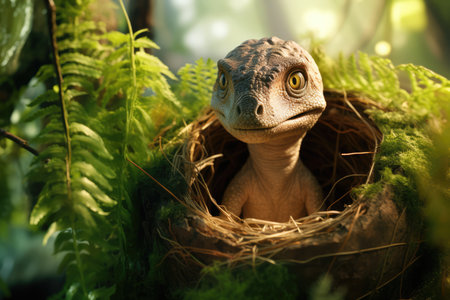 Aigenerated Baby T Rex Hatches In Jurassic Forest Habitat.の素材