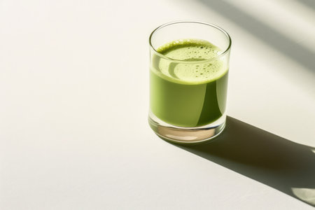 Glass Of Matcha Tea Drink With Shadow. Concept Abstract Watercolor Painting, Nature-Inspired Landscapes, Modern City Skylines, Cozy Book Nooks, Creative Food Photography.の素材