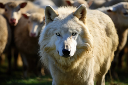 Wolf Lurking Among Unsuspecting Sheep High Quality Photo.の素材