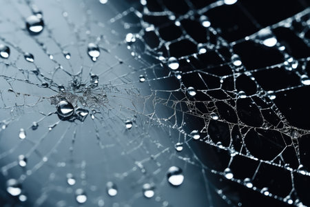 Raindrop Trapped In Spider Web On Broken Glass.の素材