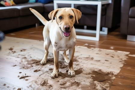 Muddy Dog Leaves Carpet And Living Room Filthy.の素材