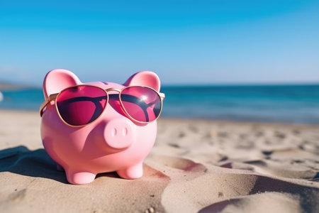 Pink Piggy Bank With Oversized Sunglasses On The Beach.の素材